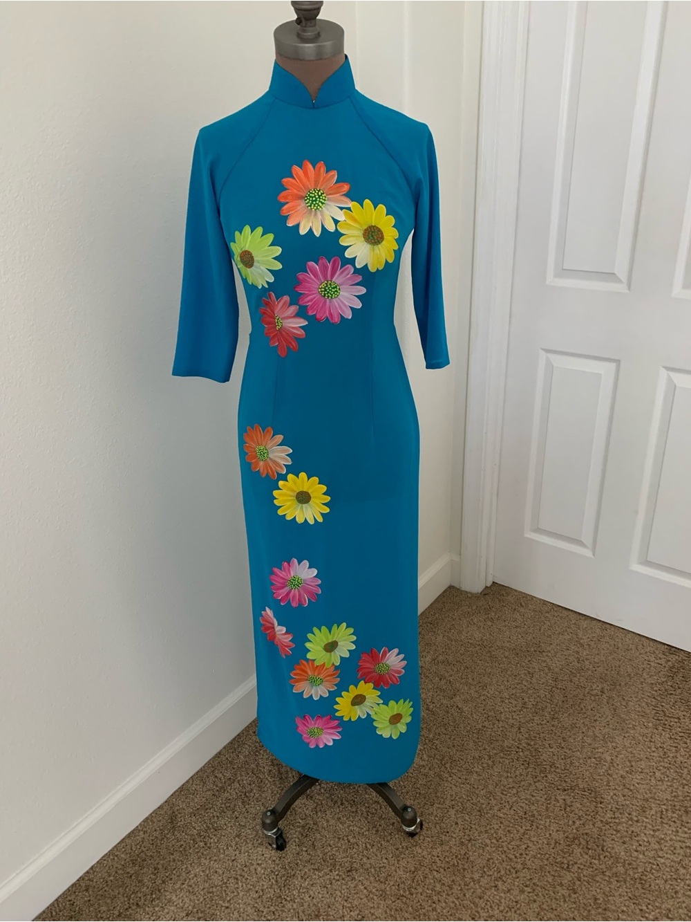 Hand Painted Teal Floral Ao Dai traditional Dress